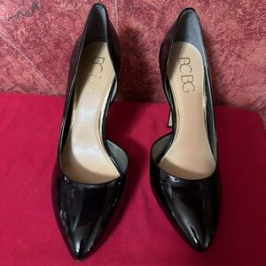 BCBG Shiny Black Patent Pointed-Toe Heels